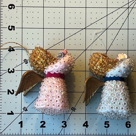 Vtg Sequin Push Pin Christmas Ornament Angel Blue Boy Pink Girl Brother Sister - Picture 12 of 12